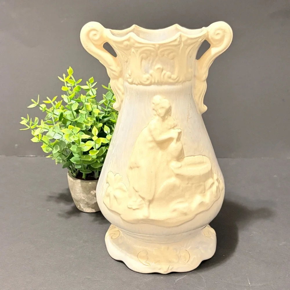 1987 Mary Ellen Ceramic Vase Woman at Well Relief Double Handle Cream 10